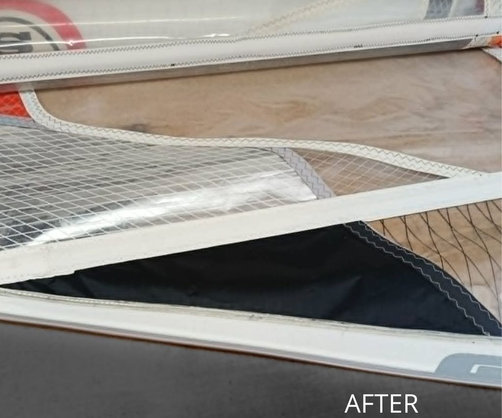 Windsurf sail after X-Ply window replacement and reinforcement