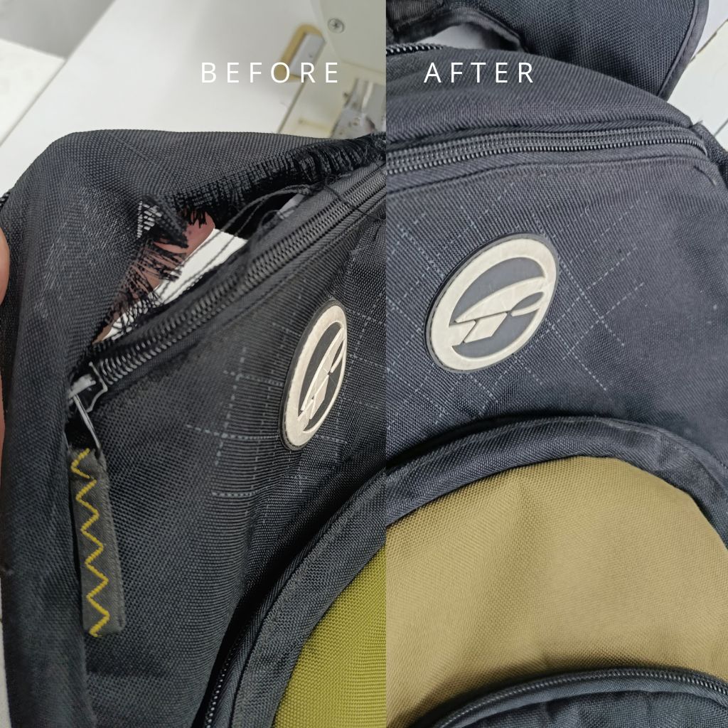 Before and after backpack repair showing a severely torn upper panel restored and reinforced by EXTREMEPACK.